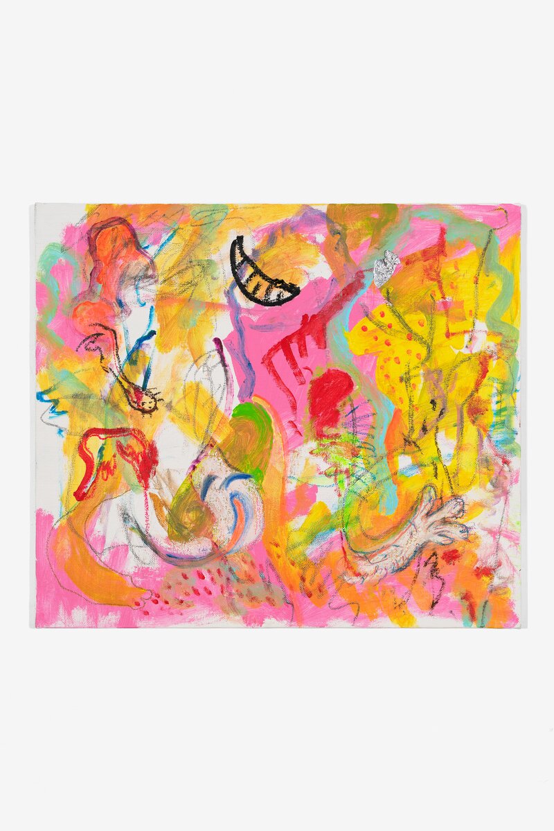 Yu ChengChen
*The Joy of a thousand "me" beings simultaneously*
2023
acrylic, oil pastels, pencil, crayon, metal tape
70 x 80 cm