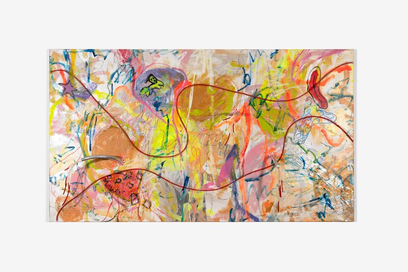 Yu ChengChen
*Si scioglie nel tempo*
2024
acrylic, oil pastels, pencil, crayon, powdered pigments, metal tape, scotch tape, tubes, hot melt adhesive
116 x 205 cm