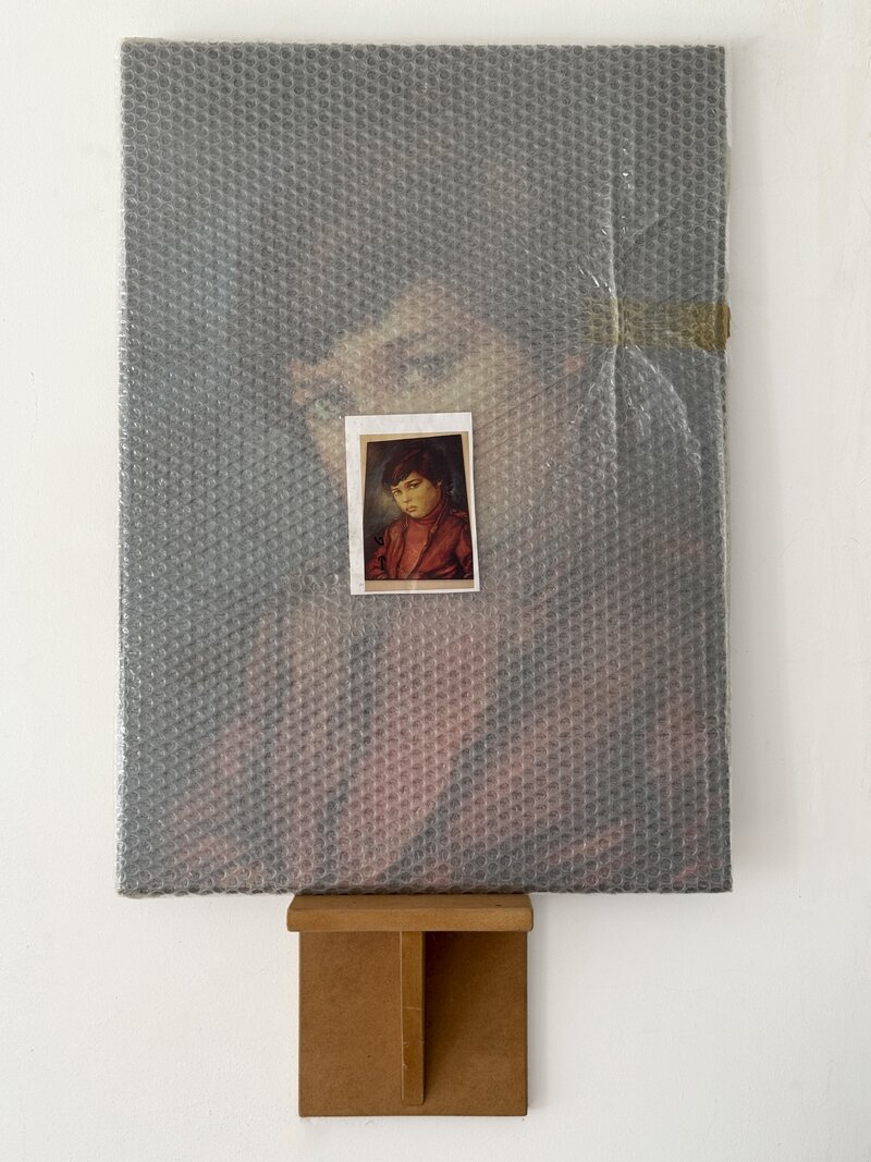 Jef Geys
*Child with tears*
n.d.
oil on canvas, bubble wrap, tape, marker, paint
73 x 52 x 4 cm / 28.7 × 20.5 × 1.6 in
Overall: 92 x 52 x 19 cm / 36.2 × 20.5 × 7.5 in