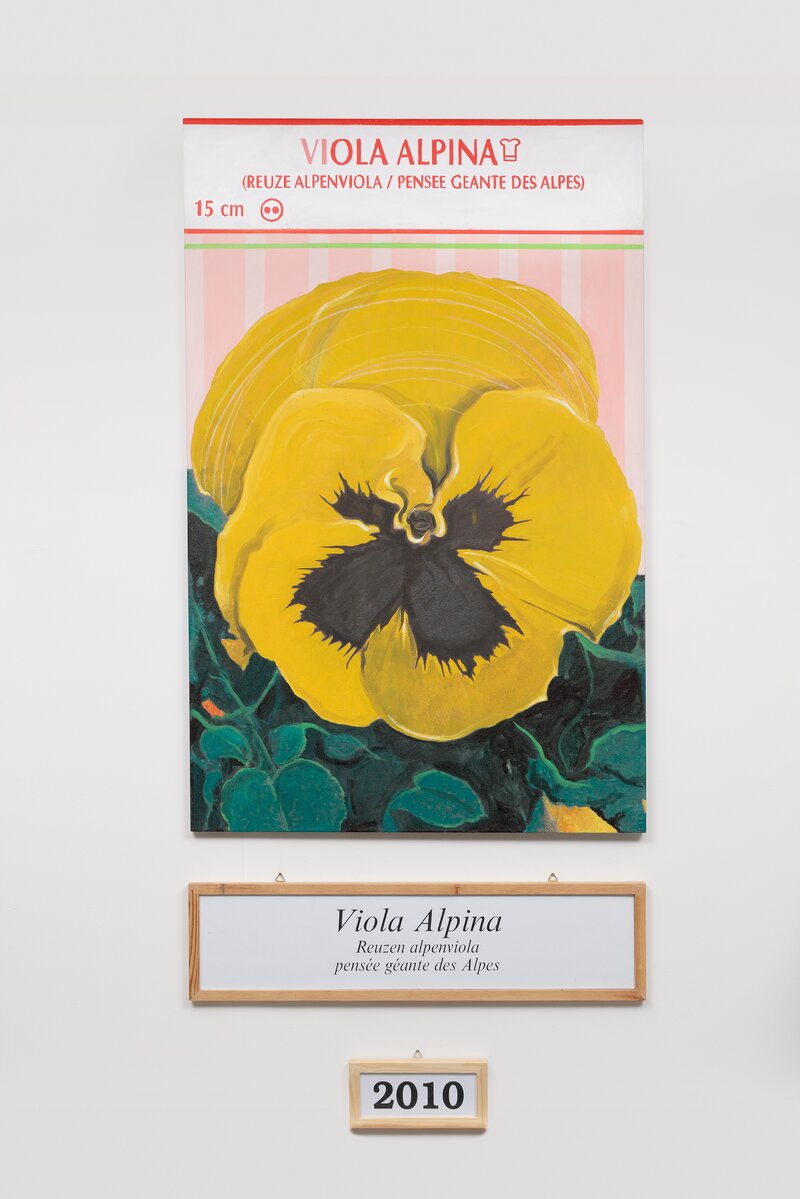 Jef Geys
*Viola Alpina (Reuze Alpenviola / Pensée géante des Alpes)*
2010
oil on canvas and two frames (one painting each year)
140 x 90 cm, 23 x 90 cm, 13 x 27 cm / 55 x 35.4 in, 9 x 35.4 in, 5 x 10.6 in